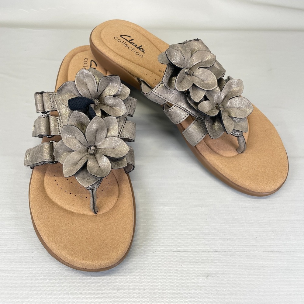 Clarks Elizabelle Mae Sandals Womens Size 9 M Pewter Metallic Shoes Thong Slides - Picture 2 of 10